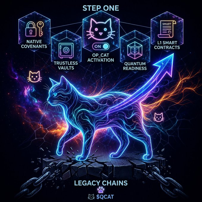 A promotional graphic for "$QCAT" featuring a glowing neon cat walking on broken chains labeled "LEGACY CHAINS," surrounded by hexagonal icons for "NATIVE COVENANTS," "TRUSTLESS VAULTS," "OP CAT ACTIVATION," "QUANTUM READINESS," and "L1 SMART CONTRACTS" under "STEP ONE."