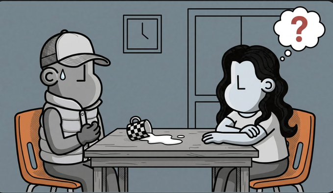 A cartoon drawing of two faceless people sitting at a table with a spilled checkered mug, where the person on the right has a thought bubble with a red question mark above their head.