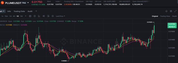 A cryptocurrency price chart on the Binance platform showing the PLUME/USDT trading pair with a price of 0.01750, displaying candlestick patterns and moving averages.