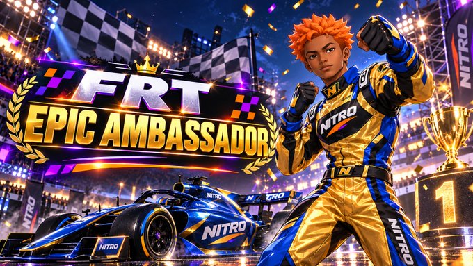 A promotional graphic shows a 3D-rendered character in a yellow and blue 'NITRO' racing suit standing next to a blue NITRO race car, with 'FRT EPIC AMBASSADOR' displayed on a logo and a gold '1' trophy.