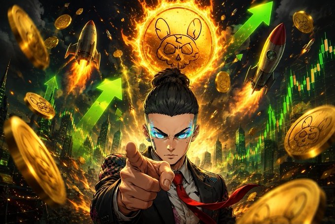 A vibrant digital illustration depicts a stern man in a suit pointing forward with glowing blue eyes, set against a fiery background featuring green stock chart arrows, flying rockets, gold coins, and a bunny skull emblem.