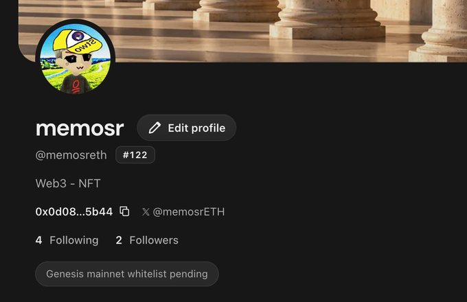 A Twitter/X profile screenshot for user "memosr" (@memosrETH) with the display name "memosr", bio "Web3 - NFT", wallet address "0x0d08...5b44", and a "Genesis mainnet whitelist pending" badge.