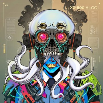 A stylized illustration of a cybernetic skull-headed figure wearing headphones, smoking cigars, and a suit with a blue smiley tie, accompanied by the text "XZ-500 ALGO," visually reinforces the post about Neil supporting Algorand NFTs with a bold, avant-garde aesthetic.