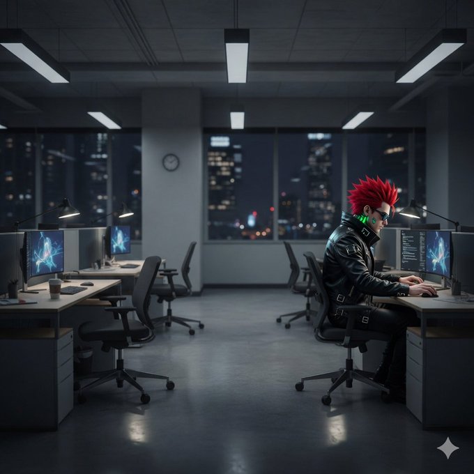 The image shows a man sitting at his desk with headphones on, working on a computer. There are several chairs around him, indicating that he might be in an office setting or a shared workspace. The room appears to be empty of other people, which could suggest that this is a private workspace for the man. The focus of the image seems to be on the man and his work environment rather than any additional context provided by the post.