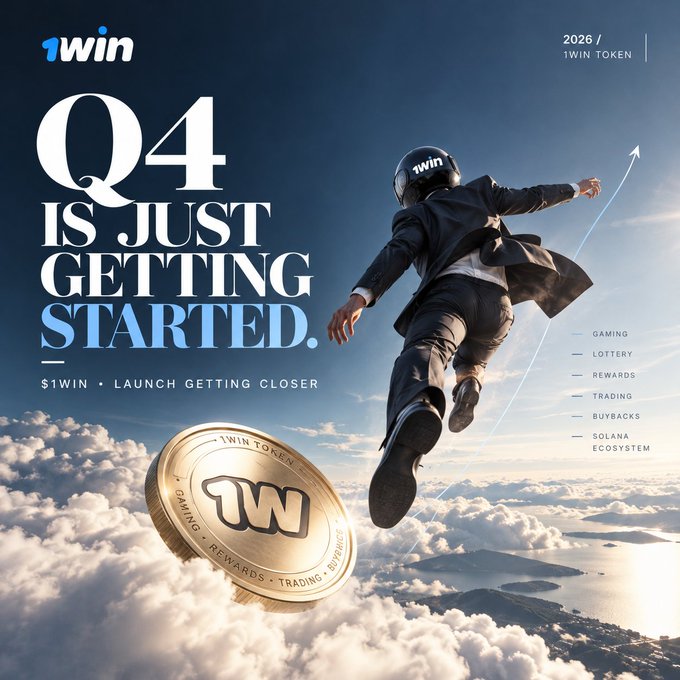 A promotional advertisement for 1WIN Token (a cryptocurrency on the Solana ecosystem) with the headline 'Q4 IS JUST GETTING STARTED,' showing a businessman in a helmet running through clouds above a giant gold coin.