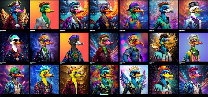 A vibrant grid showcasing 21 colorful, stylized duck character portraits wearing various outfits (pirates, suits, sunglasses, crowns) in a pop-art NFT collection style. The image aligns with the post promoting the "QuakkPak" NFT mint on Gravemint, with small text labels beneath each duck likely indicating individual NFT names or traits in the collection.