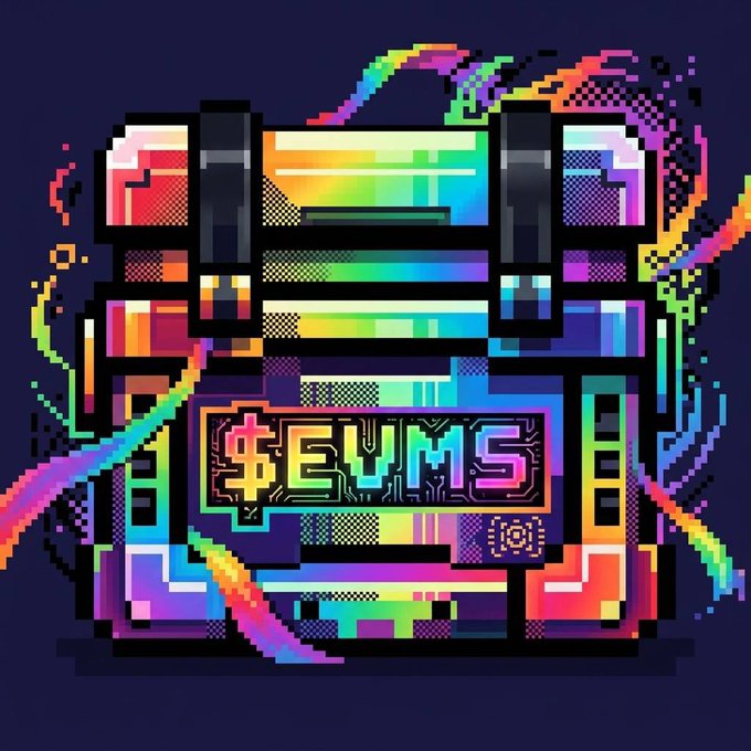 A vibrant pixel-art treasure chest glowing with rainbow colors is displayed against a dark background, with the text "$EVMS" prominently featured on its front label. The image visually represents the giveaway announcement, depicting the "Rainbow Boxes" filled with 10K $EVMS tokens being offered to the community.