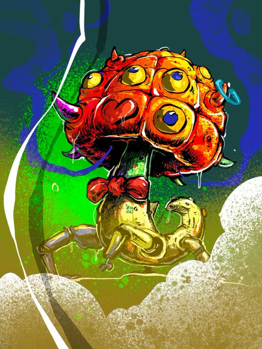 An illustration features a bizarre creature with a red brain-like head, multiple yellow eyes, and a red bow, sitting atop a mechanical body against a green background.