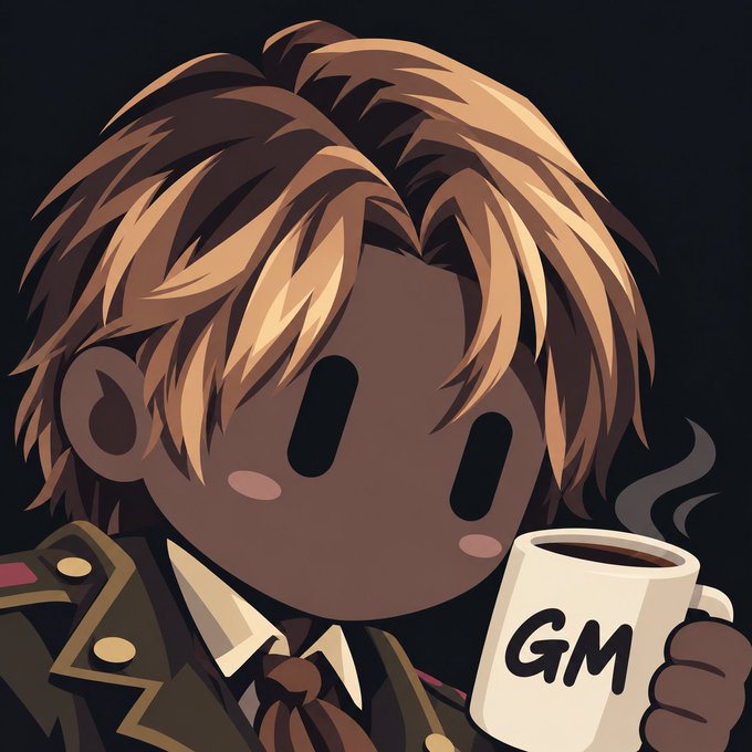 A stylized, faceless anime character with messy orange hair holds a mug that reads 'GM'.