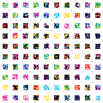 A grid pattern of pixel-art style icons featuring small figures in various colorful poses and designs arranged in rows and columns on a white background.