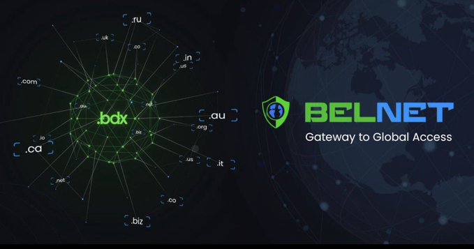 A promotional banner for "BELNET" featuring the tagline "Gateway to Global Access" with a network diagram showing domain extensions like .ru, .uk, .com, .in, and .cc.