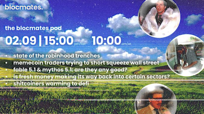 Promotional graphic for 'the blocmates pod' dated '02.09' at '15:00 pm/bst' and '10:00 am/est' against a cloudscape background with circular photo inserts.