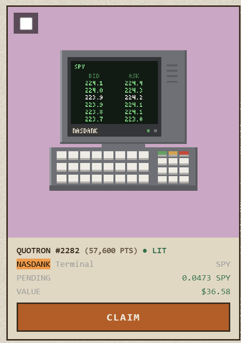 A digital card titled 'QUOTRON #2282 (57,600 PTS) • LIT' featuring a NASDAQ terminal display showing SPY bid/ask prices and a 'CLAIM' button.