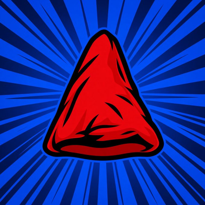 A digital illustration of a red, triangular hooded figure against a dynamic blue sunburst background.
