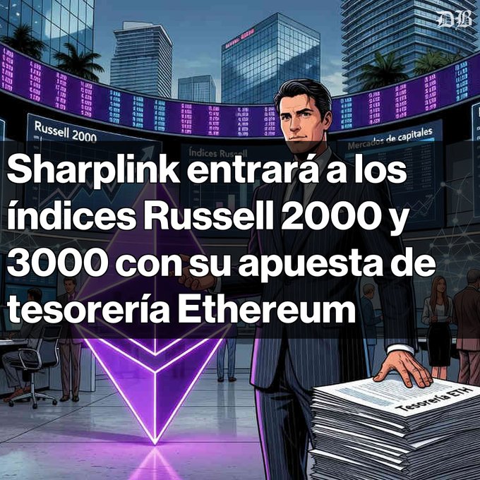 The image features a man dressed in a suit standing next to stacks of newspapers with the caption "Sharplink entrará a los Russel 200 y 300 La firma, una de las mayores tenedoras de Ether, busca aumentar su visibilidad antes de la decisión tras la reconstitución semestral. Un movimiento clave en su". The man is dressed in a suit and tie, which suggests that he might be a businessman or an executive at the company. The stacks of newspapers indicate that he could be involved in the newspaper industry or have some connection to it.