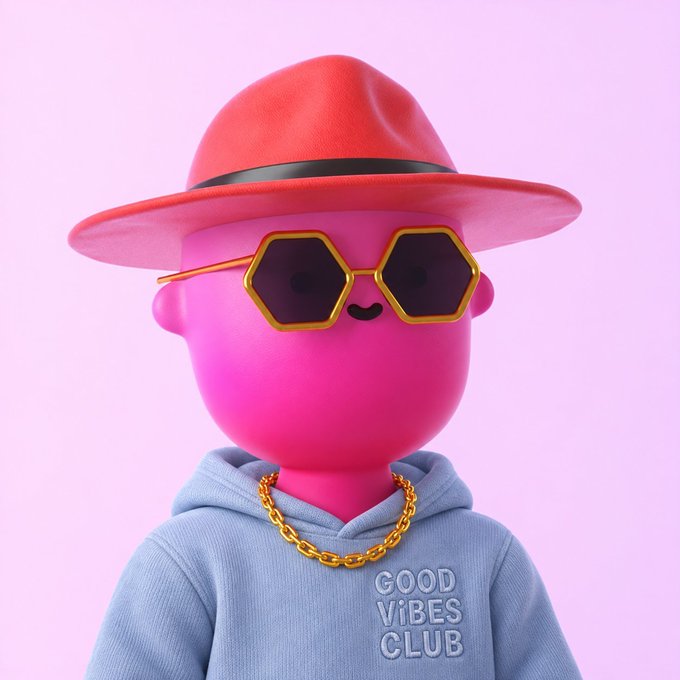 A 3D-rendered pink character with a red fedora, gold hexagonal sunglasses, and a gold chain necklace, wearing a gray hoodie that says 'GOOD VIBES CLUB.'