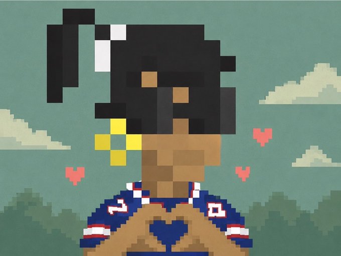A pixel art portrait depicts a person with dark hair wearing a yellow bow and a blue patterned shirt against a cloudy sky background with red heart icons.