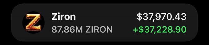 A cryptocurrency wallet display showing "Ziron" with a balance of $37,970.43 and a 24-hour gain of +$37,228.90 in green text.