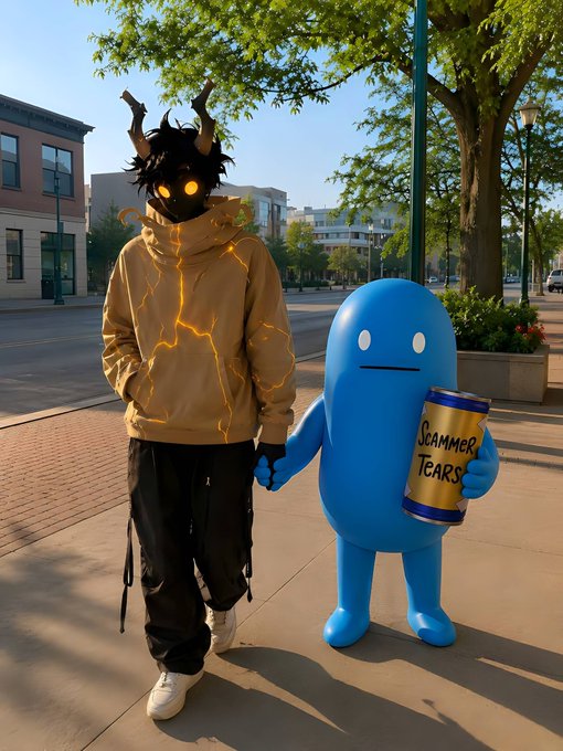 A horned, glowing-eyed figure in a yellow hoodie holds hands with a blue mascot holding a "Scammer Tears" can, visually symbolizing a triumphant "GM" moment and playful mockery toward skeptics as the post declares a unified, confident start to a new trading week.