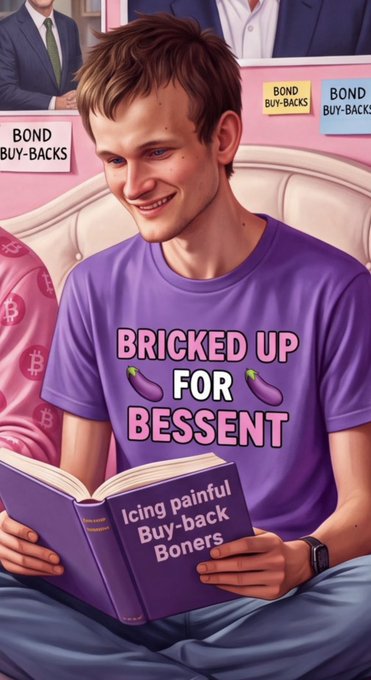A smiling young man with brown hair wears a purple t-shirt reading "BRICKED UP FOR BESSENT" with eggplant emojis, while reading a purple book titled "Icing painful Buy-back Boners," seated beneath "BOND BUY-BACKS" signs on a pink background.