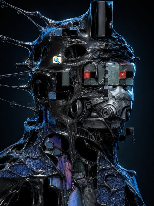 A glossy, liquid-like black humanoid bust splashes outward at the crown, with red mechanical sensors embedded where the eyes would be. The image visually echoes the "Big splash" caption, with the dripping, fluid form mirroring the volatility suggested by the ETH R3ORDR signal.