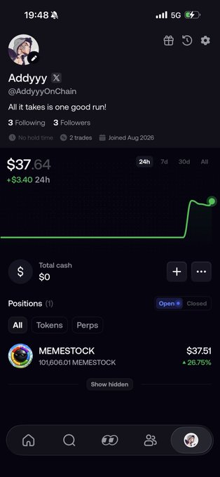 A mobile screenshot shows a crypto trading app displaying the user "Addyyy" (@AddyyyOnChain) with a portfolio value of $37.64 and an open position in MEMESTOCK showing +26.75% gains.
