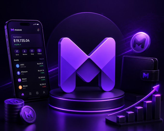 A promotional image for a crypto wallet app called 'Moove' displays a phone showing a balance of $19,735.04, alongside a large purple 'M' logo, a wallet, and a rising bar chart.