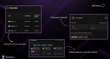 A promotional graphic for the Web3 platform NodeOps displays features including 'Track your rewards,' 'Add coins to your watchlist,' and 'Make predictions and earn points.'