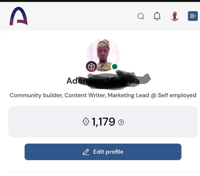 A profile page on a platform showing "Adeniran Mubarak" as a "Community builder, Content Writer, Marketing Lead @ Self employed" with 1,179 diamonds/tokens.