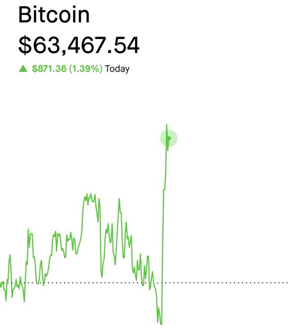 The image features a chart depicting the value of Bitcoin. There are several peaks and valleys visible on the chart, which represent different price points for Bitcoins. The chart has been labeled with numbers indicating its value at different times throughout the day. Additionally, there is a green upward-pointing arrow pointing to an increase in the value of Bitcoins over time. The post in question highlights Bitcoin's recent rise and explains that people like it, "like the news".