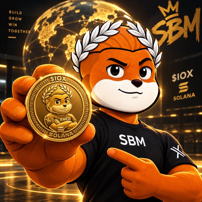 A cartoon mascot of an orange bear character wearing a laurel wreath and an "SBM" shirt, holding up a gold coin labeled "$IOX SOLANA" with "BUILD GROW WIN TOGETHER" displayed in the corner.