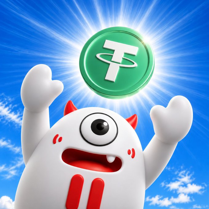 A cheerful white cartoon monster with red horns excitedly raises its arms beneath a glowing green Tether (USDT) coin against a radiant blue sky, illustrating the celebratory mood of the giveaway announcement. The image visually reinforces the post's promise of rewarding 5 random fans with 10 USDT each, tying the playful mascot to the cryptocurrency prize.