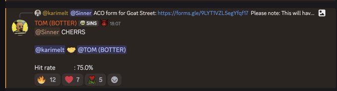 The image shows a Discord conversation where @karimeltt tags @Sinner and shares an ACOO form for "Goat Street," prompting @TOM (BOTTER) to respond with "CHERRS" and a 🤝. A hit rate of 75.0% is displayed below, which directly supports the claim that 15 out of 20 wallets successfully hit on the CashmereLabs FCFS phase.
