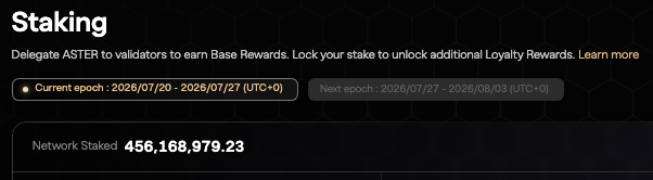 A cryptocurrency staking dashboard showing 'Network Staked: 456,168,979.23' for the ASTER token, with current epoch dates of 2026/07/20 - 2026/07/27.