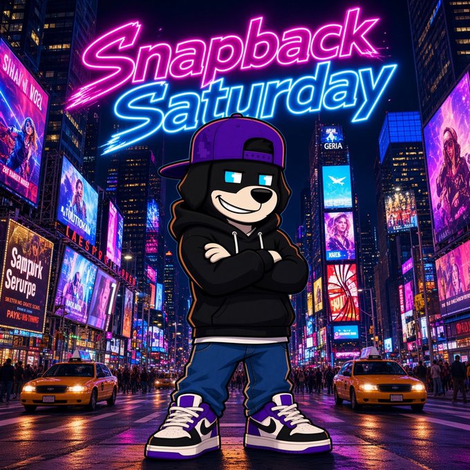 A neon-styled graphic reading 'Snapback Saturday' featuring an animated bear character wearing a purple cap, black hoodie, and sneakers against a vibrant Times Square cityscape with yellow taxis.