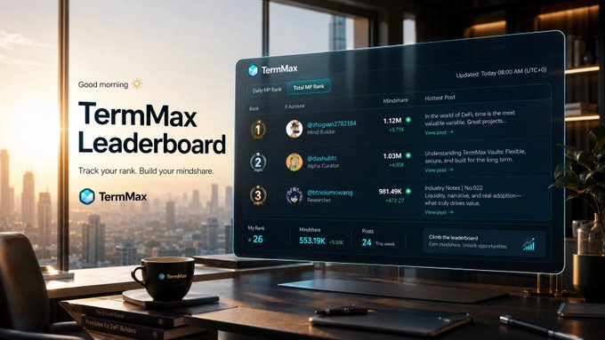 A monitor displays the "TermMax Leaderboard" with a "Good morning" greeting, showing rankings for top users like "@nhogan21218d" at #1 with 1.12M mindshare, "@RoshinOiC" at #2, and "@tnosumooxiang" at #3, alongside the current user's rank at #26 with 553.19K mindshare. The image visually reinforces the post's message by showcasing the competitive leaderboard where users track their rankings and mindshare to build reputation within the TermMaxFi ecosystem.

Key visible elements: TermMax Leaderboard, Daily/Weekly/All Time tabs, Updated Friday 08:00 AM (UTC+0), ranks 1-3, mindshare metrics, and a "Climb the leaderboard" prompt.