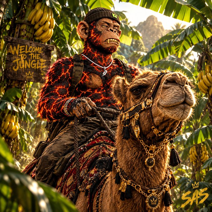 A glowing lava-skinned chimpanzee in military gear and a beanie riding an ornately decorated camel through a jungle, with bananas hanging and a 'Welcome to the Jungle' sign visible.