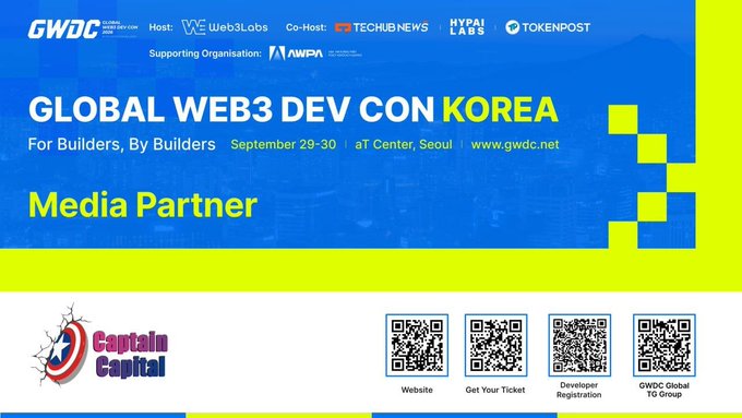 This image is a promotional banner for the **Global Web3 Dev Con (GWDC) Korea**, scheduled for September 29-30 at T Center, Seoul, announcing **Captain Capital** as an Official Media Partner.

The banner features the GWDC logo, co-hosts including Web3Labs, Techub News, Hypelabs, and TokenPost, along with the event tagline "For Builders, By Builders," and four QR codes for the website, ticket purchase, developer registration, and Telegram group.