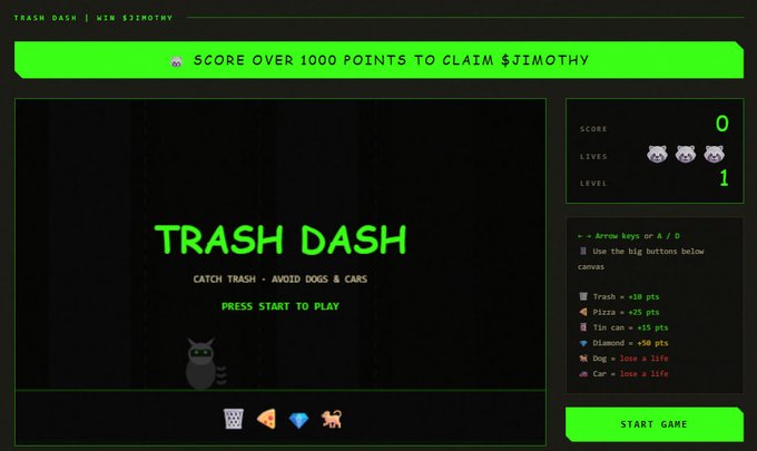 A retro-style video game interface for 'TRASH DASH' with a green progress bar at the top reading 'SCORE OVER 1000 POINTS TO CLAIM $JIMOTHY', showing instructions to catch trash and avoid dogs and cars.