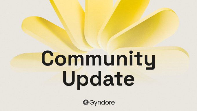 A graphic with a yellow abstract flower/pinwheel design on a light background, overlaid with bold black text reading 'Community Update' and the 'Gyndre' logo at the bottom.