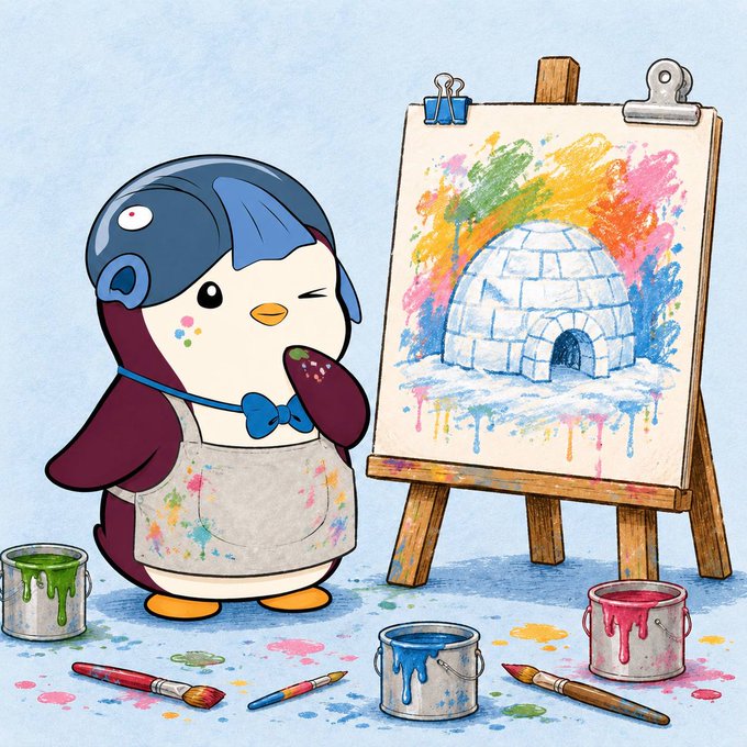 A cartoon illustration of a penguin wearing a paint-splattered apron, holding a palette and painting a colorful igloo on a canvas with paint buckets and brushes scattered around.