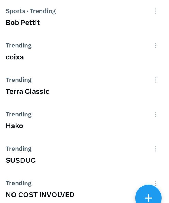 A list of trending topics including 'Bob Pettit' (Sports · Trending), 'coixa', 'Terra Classic', 'Hako', '$USDUC', and 'NO COST INVOLVED'.