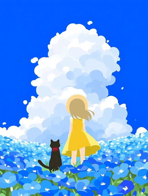 An anime-style illustration of a girl in a yellow dress and a black cat with a red bow standing together in a field of blue flowers, gazing at a large fluffy white cloud against a vivid blue sky.