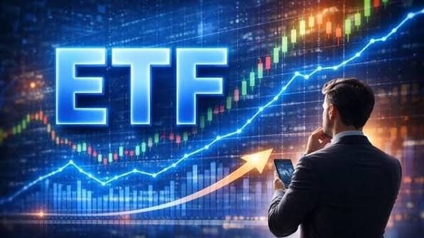 Stock market promotional image featuring the word 'ETF' in large blue letters, a businessman looking at his phone, and an upward-trending graph with an orange arrow, set against a backdrop of financial charts and candlesticks.