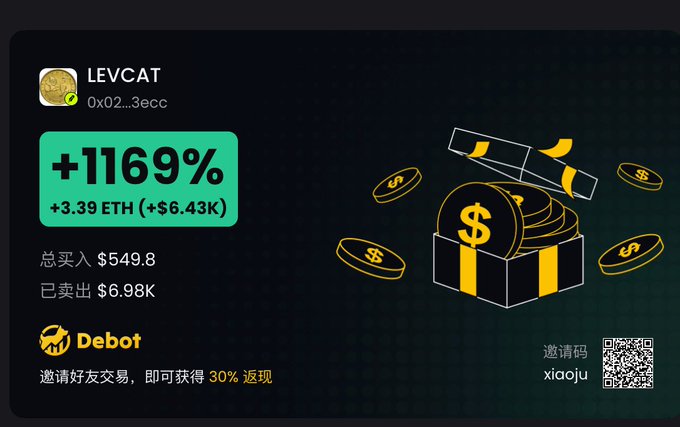 A promotional referral card for the Debot crypto trading platform displays impressive gains for token "LEVCAT" (0x02...3ecc), highlighting a massive **+1169%** return (**+3.39 ETH / +$6.43K**) alongside totals of $549.8 bought and $6.98K sold, with an invitation code "xiaoyu" and QR code. The image visually represents the very type of boastful "show-off" post the caption warns against — a flashy screenshot celebrating huge profits that, according to the author's hindsight, may have signaled the top before a missed take-profit.