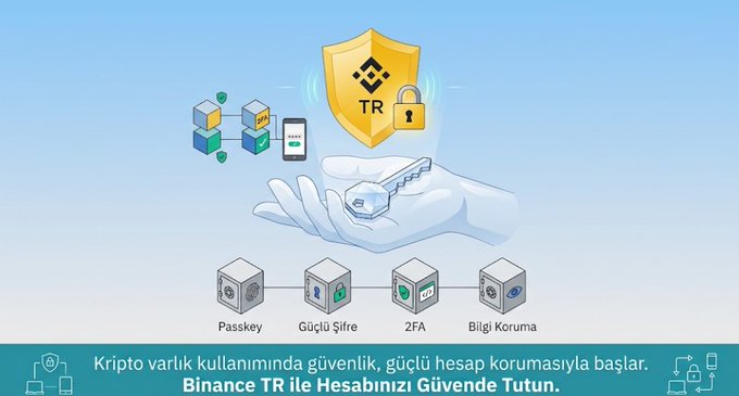 A stylized illustration shows a hand cradling a glowing key beneath a golden shield marked "TR" with a padlock, symbolizing account protection. Below, four security features are labeled in Turkish: "Passkey," "Güçlü Şifre" (Strong Password), "2FA," and "Bilgi Koruma" (Information Protection). The bottom banner reads "Kripto varlık kullanımında güvenlik, güçlü hesap korumasıyla başlar. **Binance TR ile Hesabınızı Güvende Tutun**" (Security in using crypto assets begins with strong account protection. **Keep your account safe with Binance TR**).

The image complements the post's message about building a "digital fortress" by visually emphasizing that crypto security starts at the user level—through passwords, 2FA, and account safeguards—rather than through complex server-side hacks.