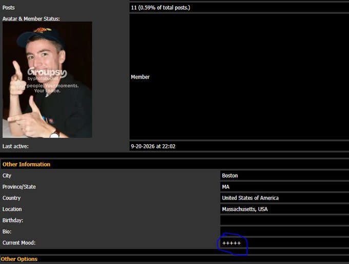 A forum profile page shows a user named 'Groupsy' from Boston, MA, with the 'Current Mood' field circled in blue containing '++++'.