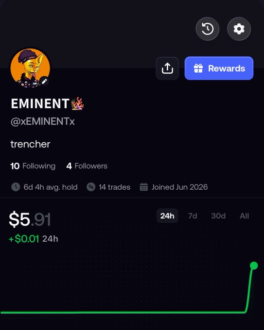 A user profile for "EMINENT🌺" (@xEMINENTx), described as a "trencher," is shown with a portfolio value of $5.91, up $0.01 over 24 hours, and 14 trades recorded. The image aligns with the post's "$5 to $1M" message by displaying a modest starting portfolio, encouraging viewers to claim a reward via fomo.family/r/xEMINENTx to follow the journey from a small balance to a million-dollar goal.