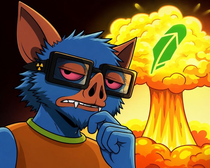 An illustration of a blue, bat-like creature wearing glasses and an orange tank top, standing in front of a yellow mushroom cloud explosion with a green feather floating in the air.