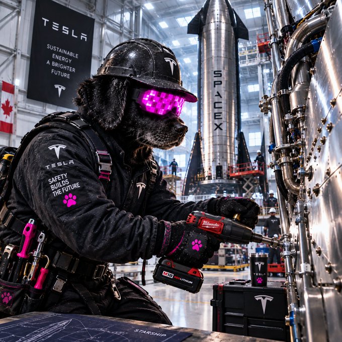 A black dog wearing a hard hat, pink Tesla-branded safety glasses, and a black Tesla jacket with 'SAFETY BUILDS THE FUTURE' text, working with a Milwaukee power drill near a SpaceX rocket.